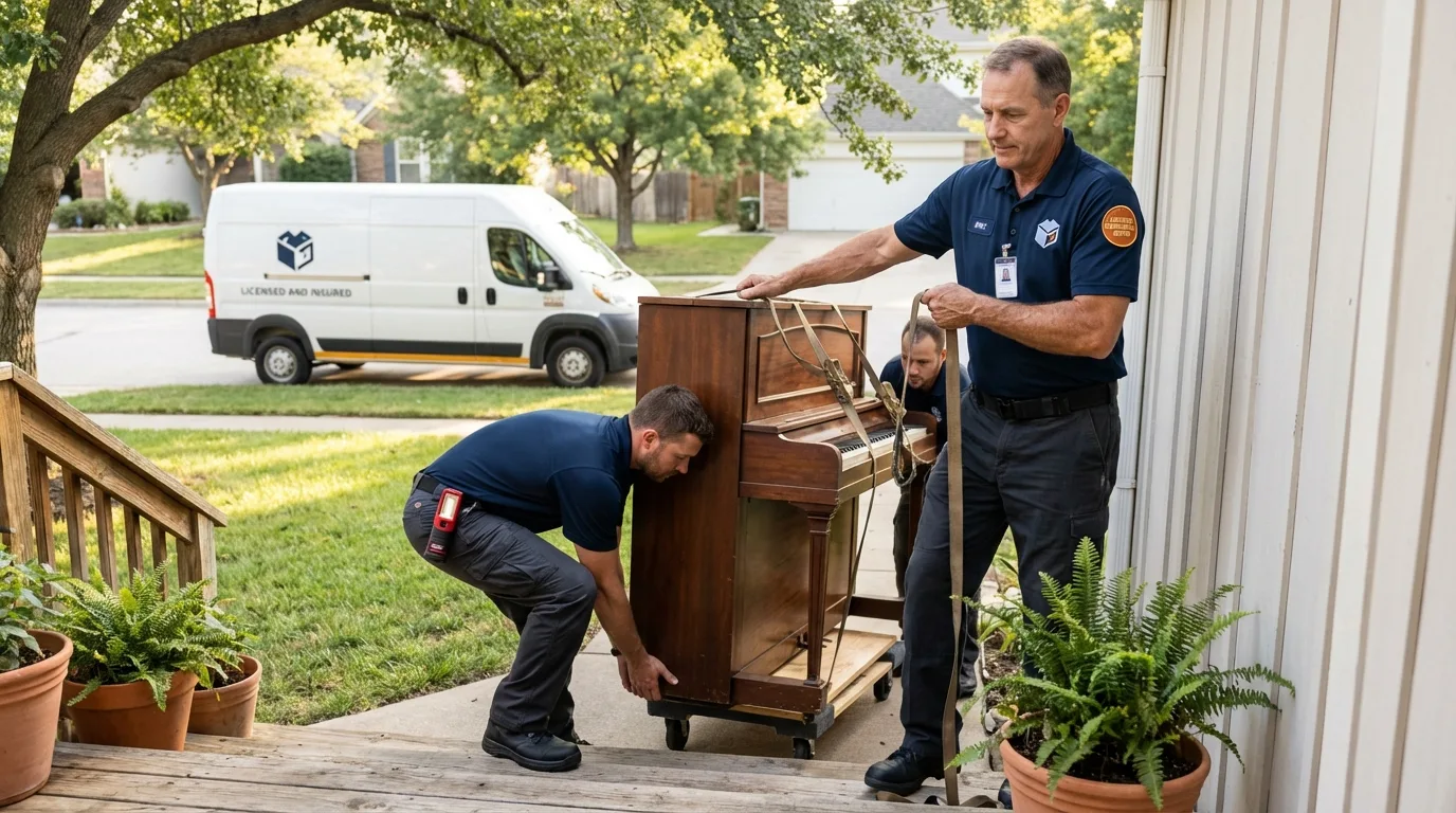 Licensed piano movers securing grand piano in Wise, VA