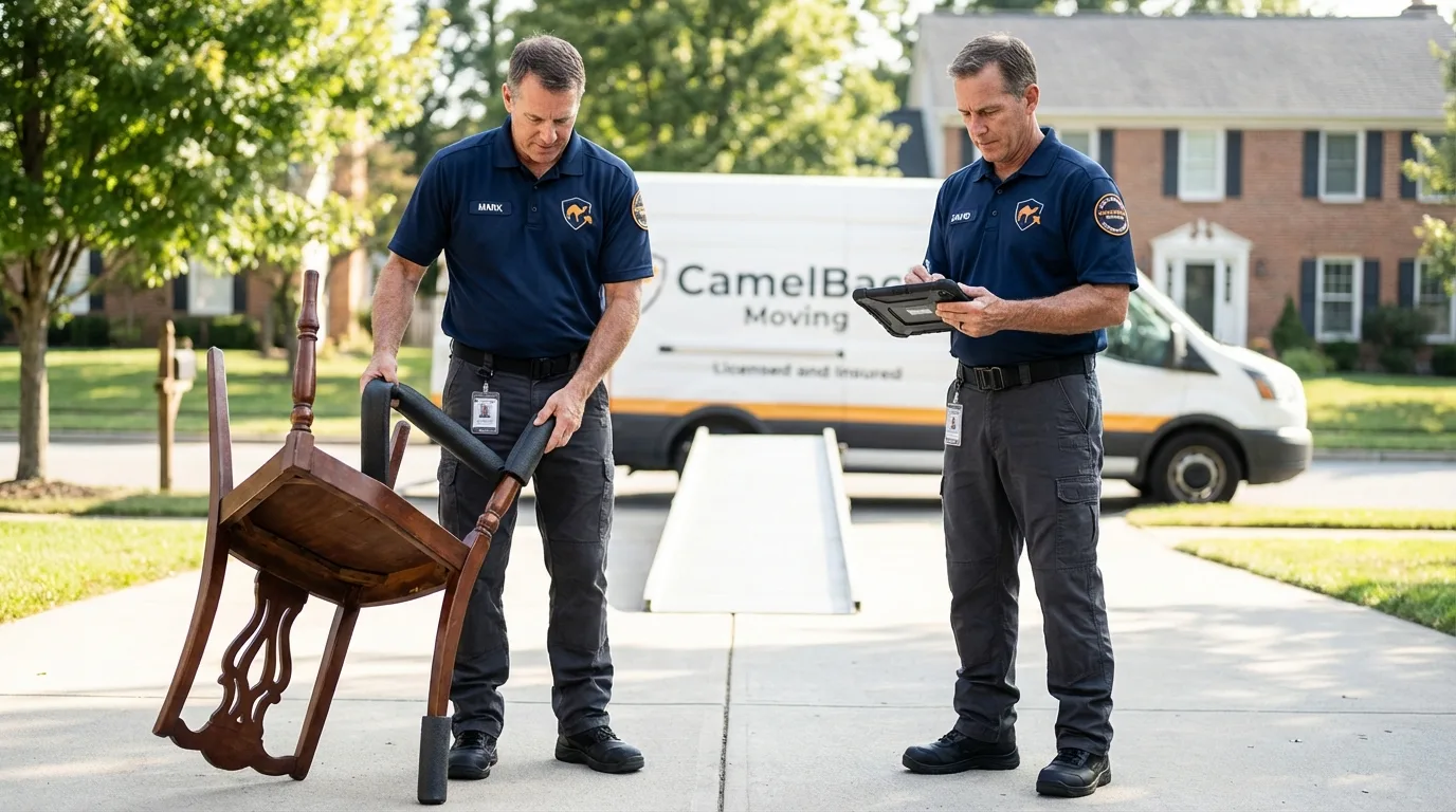 Movers inspecting furniture for damage prevention before loading in Wise, VA