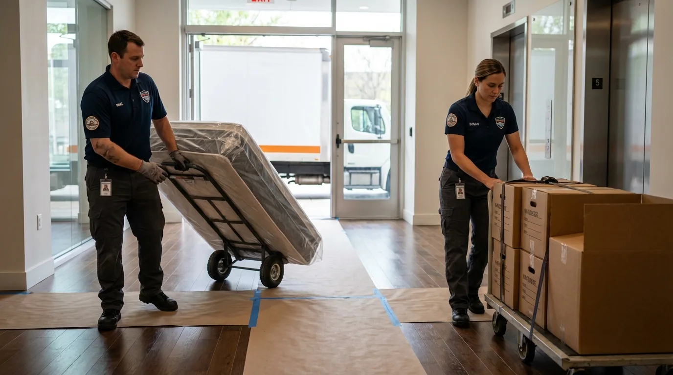 Professional apartment movers loading elevator in Wise, VA
