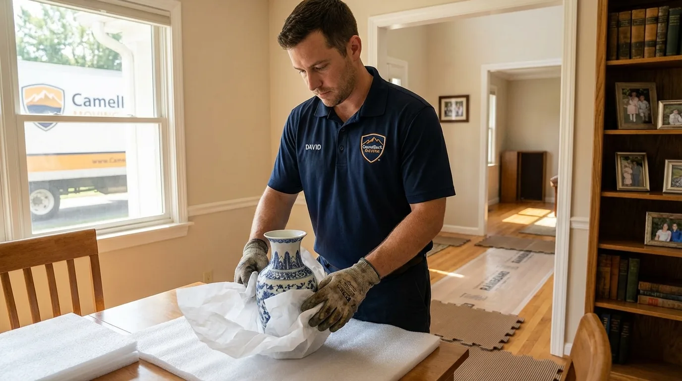 Professional crew carefully wrapping antique vase for senior downsizing move in Wise, VA